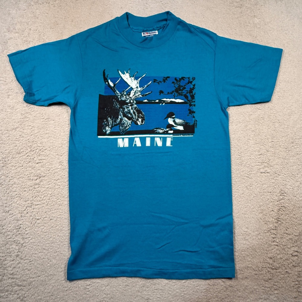 Vintage 80s Hanes T-Shirt S Teal Maine Moose Souvenir Single Stitch Made in USA